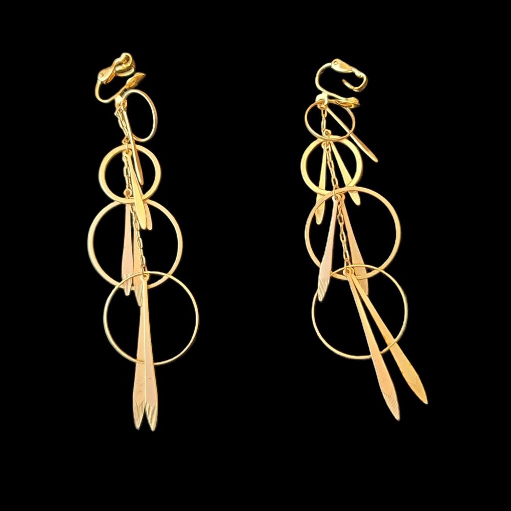 Vintage gold toned clip on Modernist geometric disco dangle earrings 1970s